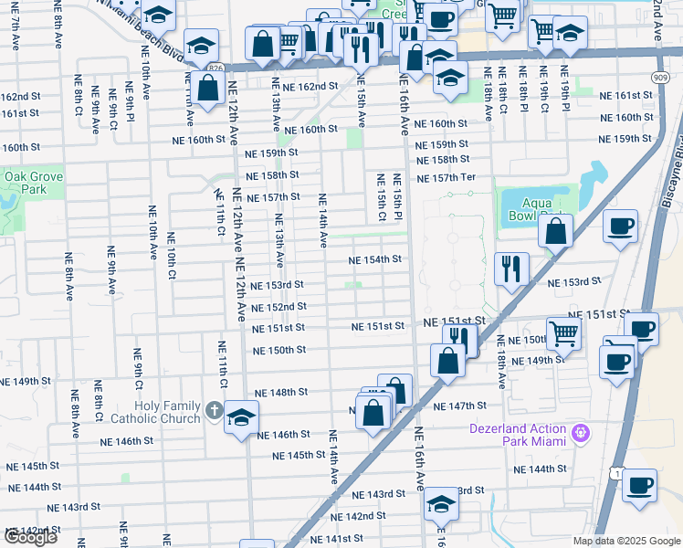map of restaurants, bars, coffee shops, grocery stores, and more near in North Miami Beach
