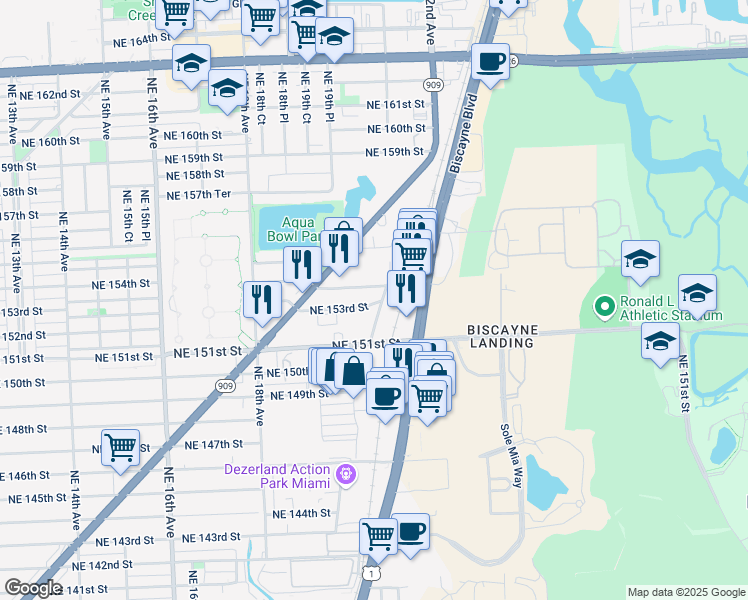 map of restaurants, bars, coffee shops, grocery stores, and more near 2035 Northeast 153rd Street in North Miami Beach