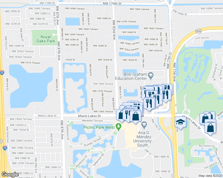 map of restaurants, bars, coffee shops, grocery stores, and more near 8215 Northwest 157th Terrace in Miami Lakes