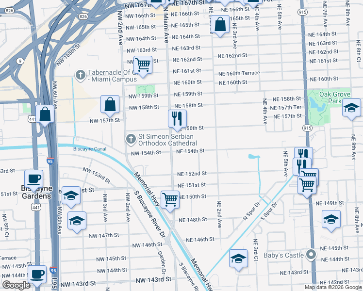 map of restaurants, bars, coffee shops, grocery stores, and more near 51 Northeast 154th Street in Miami