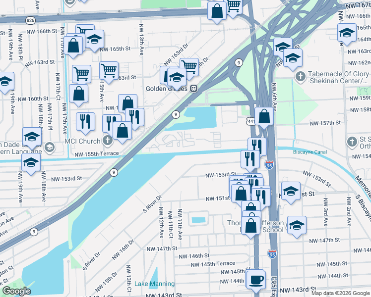 map of restaurants, bars, coffee shops, grocery stores, and more near 1030 Northwest 155th Lane in Miami