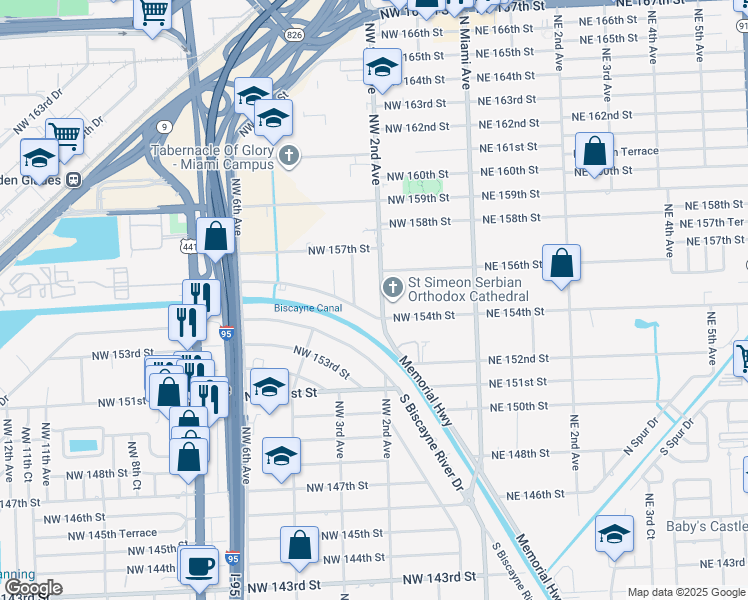 map of restaurants, bars, coffee shops, grocery stores, and more near 15525 Northwest 2nd Avenue in Miami