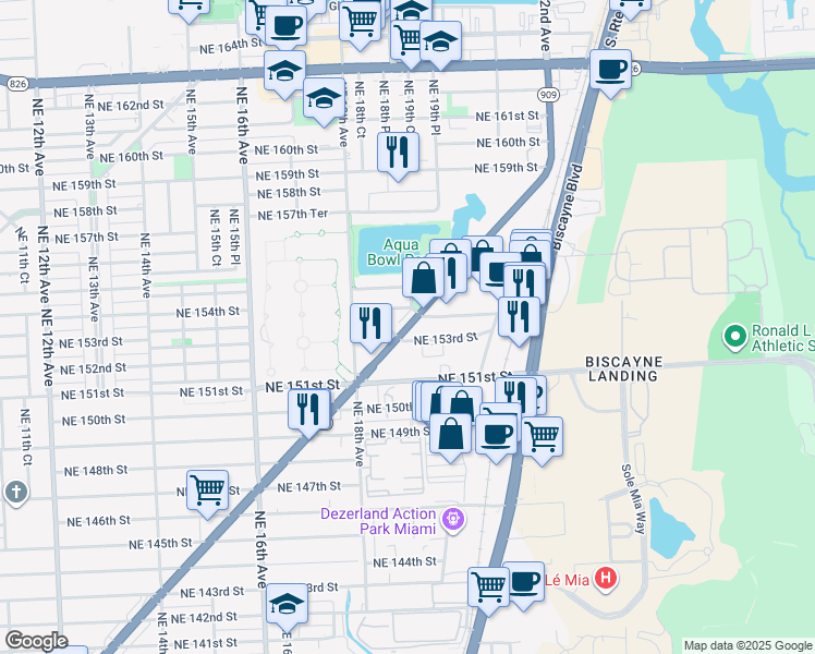 map of restaurants, bars, coffee shops, grocery stores, and more near 15336 West Dixie Highway in North Miami Beach