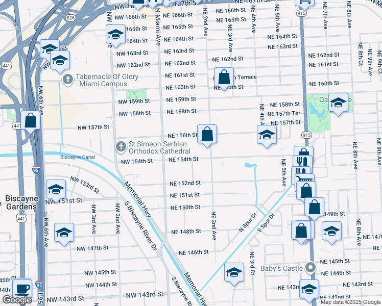 map of restaurants, bars, coffee shops, grocery stores, and more near 103 Northeast 154th Street in Miami