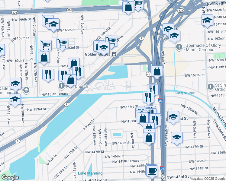 map of restaurants, bars, coffee shops, grocery stores, and more near 1020 Northwest 155th Lane in Miami