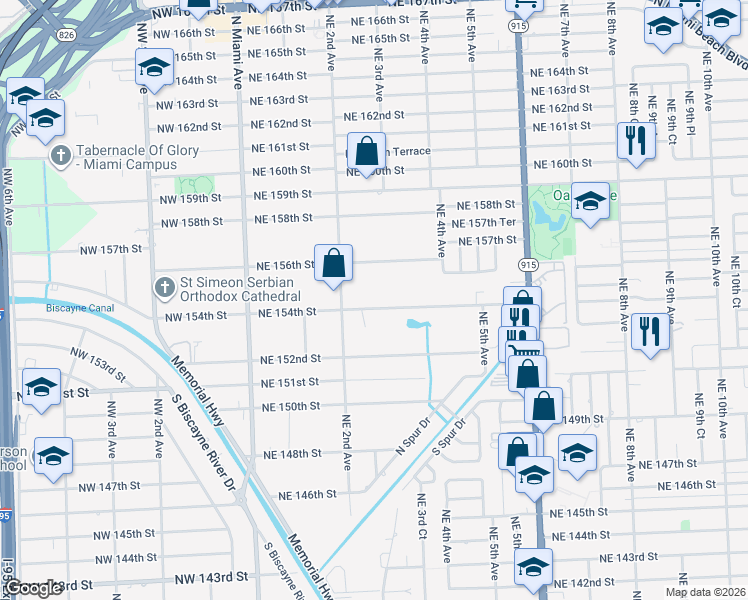 map of restaurants, bars, coffee shops, grocery stores, and more near 271 Northeast 154th Street in Miami