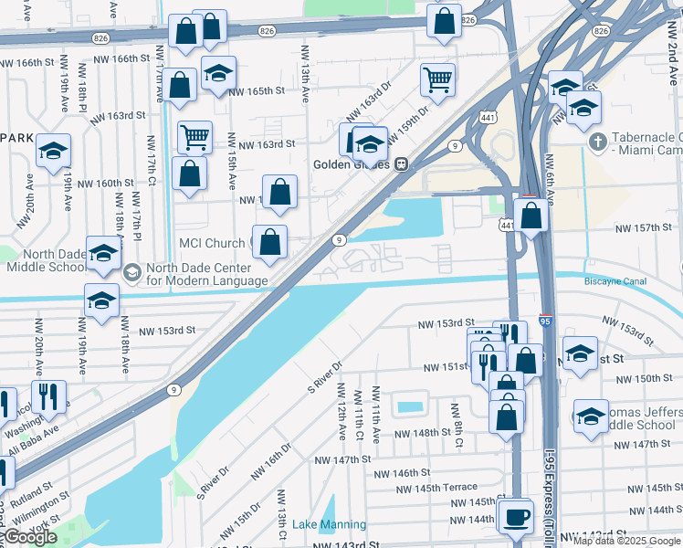 map of restaurants, bars, coffee shops, grocery stores, and more near 1025 Northwest 155th Lane in Miami