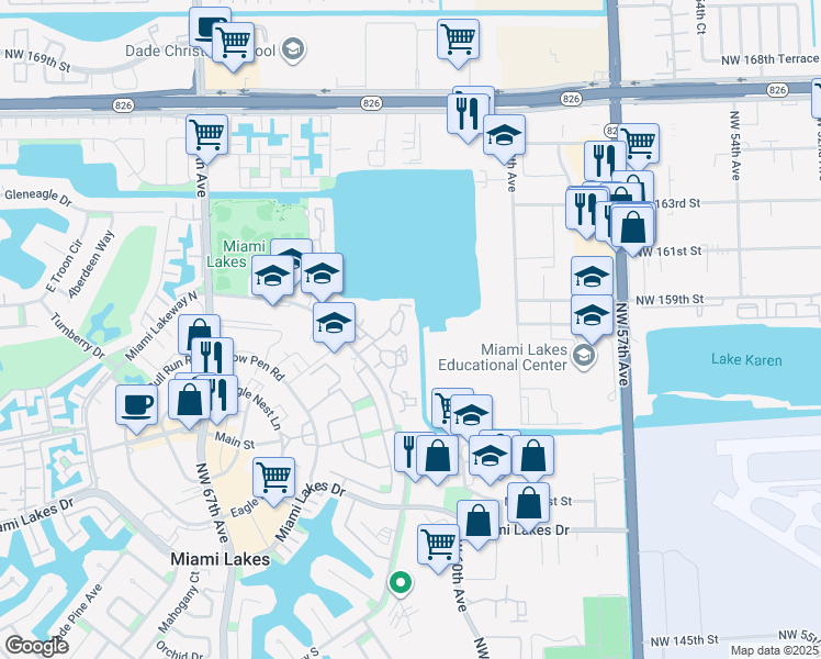 map of restaurants, bars, coffee shops, grocery stores, and more near 15535 Miami Lakeway North in Miami Lakes