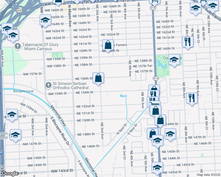 map of restaurants, bars, coffee shops, grocery stores, and more near 271 Northeast 154th Street in Miami