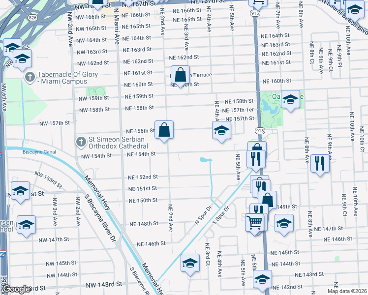 map of restaurants, bars, coffee shops, grocery stores, and more near 271 Northeast 154th Street in Miami