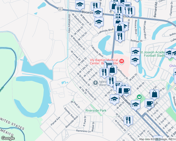 map of restaurants, bars, coffee shops, grocery stores, and more near 1215 W Levee St in Brownsville