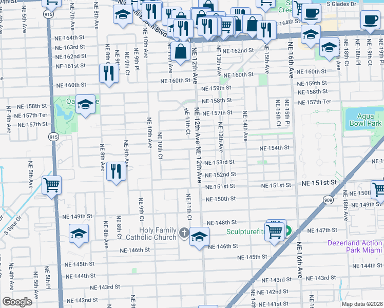 map of restaurants, bars, coffee shops, grocery stores, and more near 1140 Northeast 154th Terrace in North Miami Beach