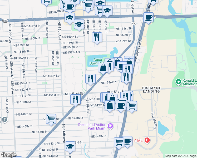 map of restaurants, bars, coffee shops, grocery stores, and more near 15336 West Dixie Highway in North Miami Beach