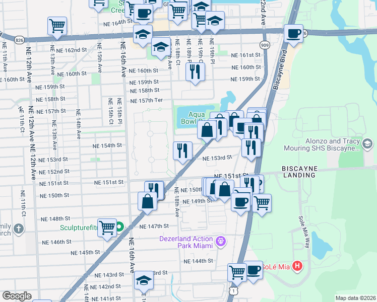 map of restaurants, bars, coffee shops, grocery stores, and more near 1833 Northeast 153rd Street in North Miami Beach