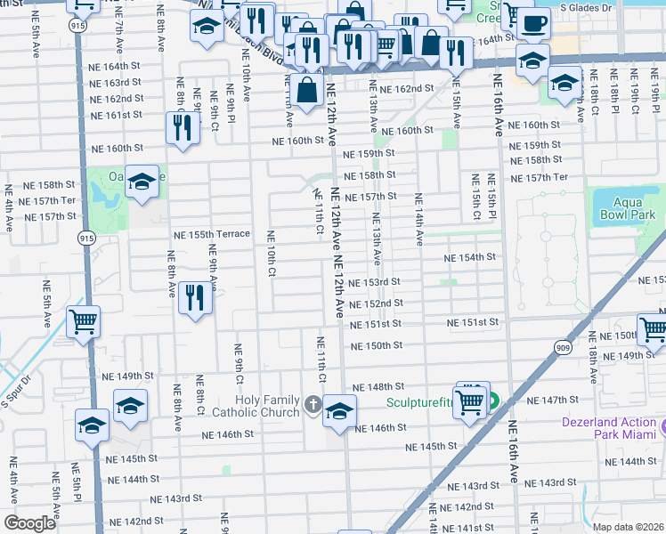 map of restaurants, bars, coffee shops, grocery stores, and more near 1140 Northeast 154th Terrace in North Miami Beach