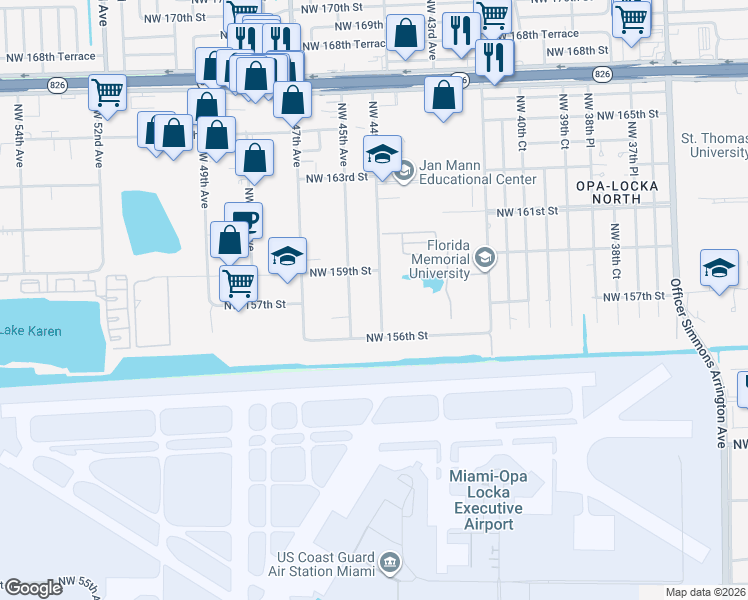 map of restaurants, bars, coffee shops, grocery stores, and more near 15731 Northwest 45th Avenue in Opa-locka