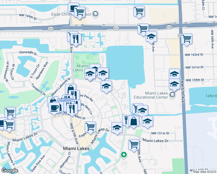 map of restaurants, bars, coffee shops, grocery stores, and more near 15529 Miami Lakeway North in Miami Lakes