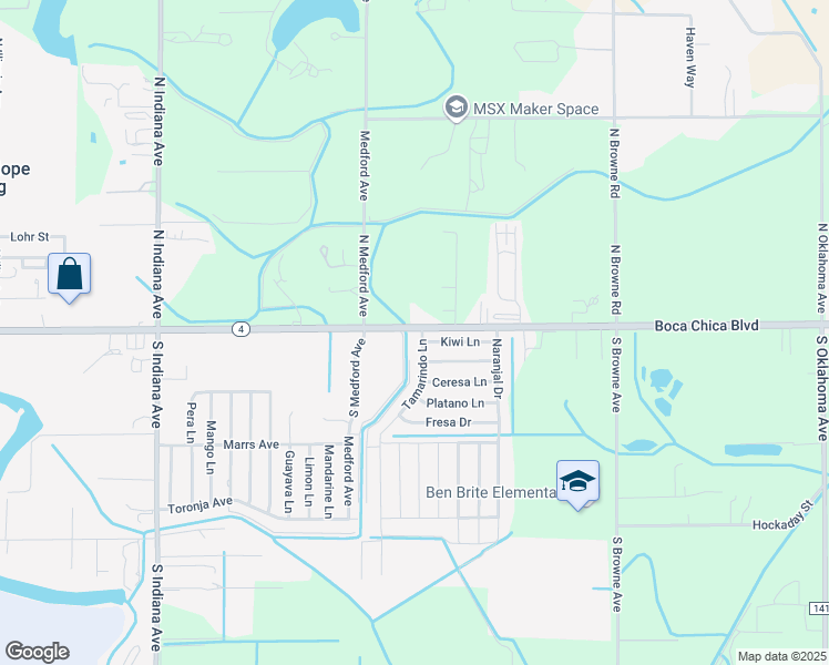 map of restaurants, bars, coffee shops, grocery stores, and more near 8401-8523 Boca Chica Blvd in Brownsville