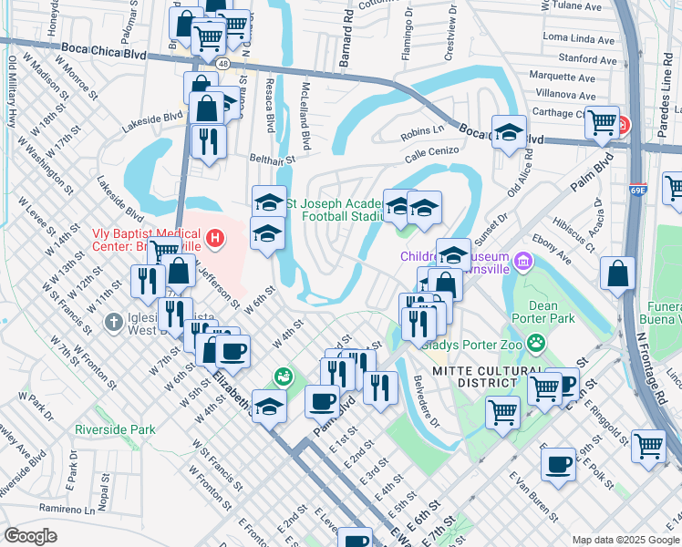 map of restaurants, bars, coffee shops, grocery stores, and more near 25 Calle Jacaranda in Brownsville