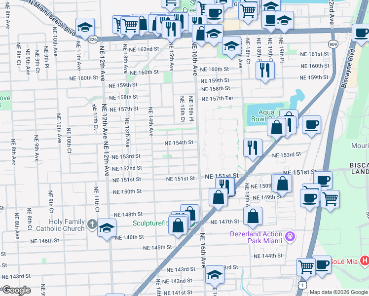 map of restaurants, bars, coffee shops, grocery stores, and more near 1535 Northeast 153rd Terrace in North Miami Beach
