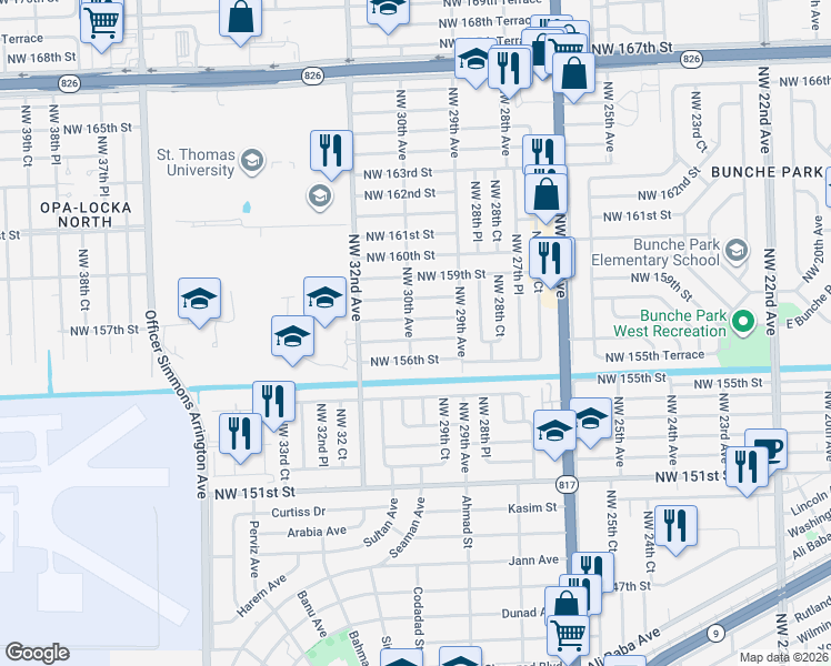 map of restaurants, bars, coffee shops, grocery stores, and more near 2981 Northwest 157th Street in Opa-locka