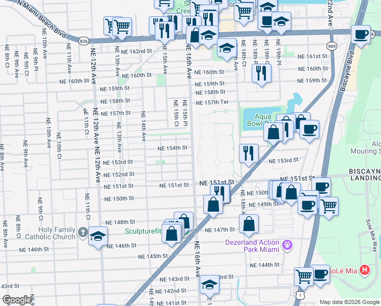 map of restaurants, bars, coffee shops, grocery stores, and more near 15350 Northeast 16th Avenue in North Miami Beach