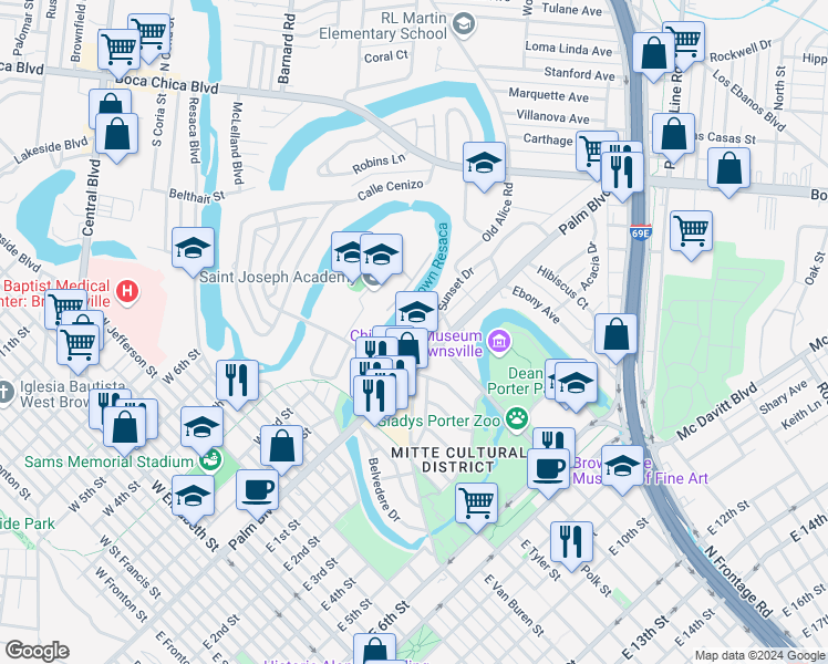 map of restaurants, bars, coffee shops, grocery stores, and more near 1439 Palm Boulevard in Brownsville