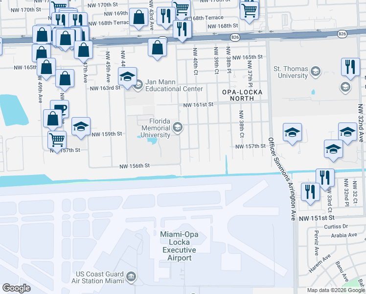 map of restaurants, bars, coffee shops, grocery stores, and more near 4195 Northwest 157th Street in Opa-locka