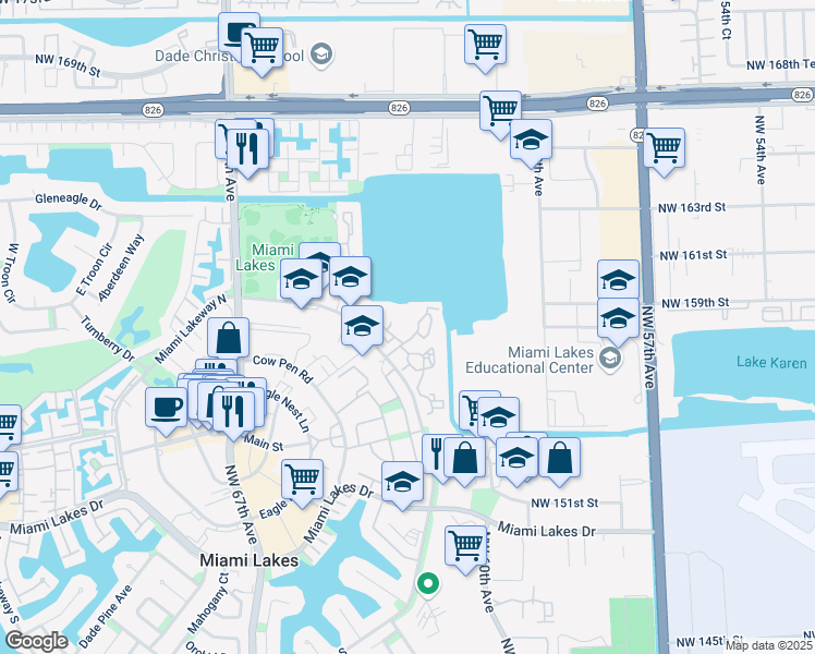 map of restaurants, bars, coffee shops, grocery stores, and more near 15555 Miami Lakeway North in Hialeah