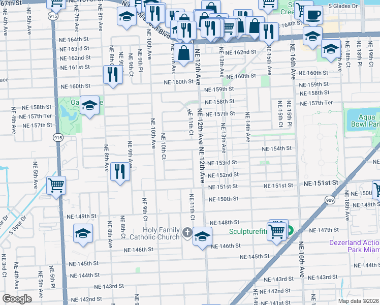 map of restaurants, bars, coffee shops, grocery stores, and more near 1140 Northeast 154th Terrace in North Miami Beach