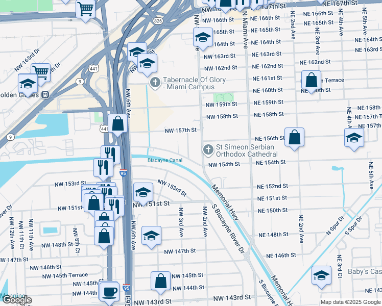 map of restaurants, bars, coffee shops, grocery stores, and more near 15495 Northwest 2nd Court in Miami