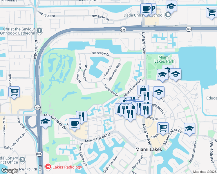 map of restaurants, bars, coffee shops, grocery stores, and more near 15741 Turnberry Drive in Hialeah