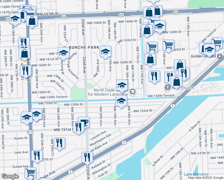 map of restaurants, bars, coffee shops, grocery stores, and more near 1860 Northwest 157th Street in Miami Gardens