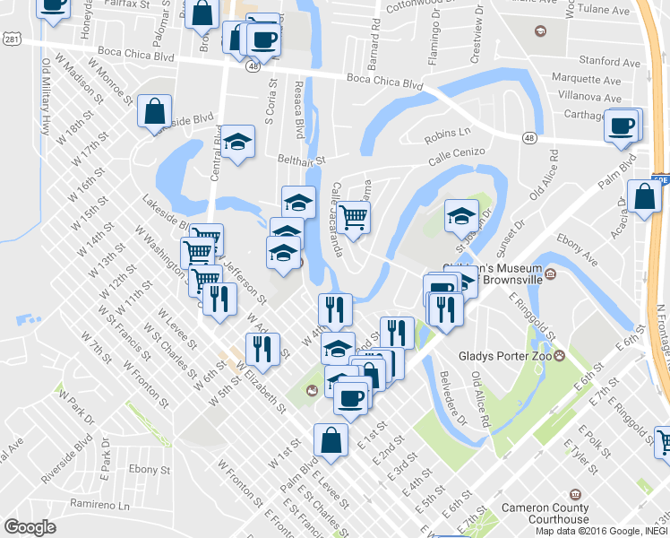 map of restaurants, bars, coffee shops, grocery stores, and more near 75 Calle Jacaranda in Brownsville