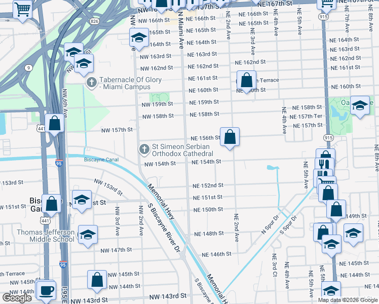 map of restaurants, bars, coffee shops, grocery stores, and more near 51 Northeast 154th Street in Miami