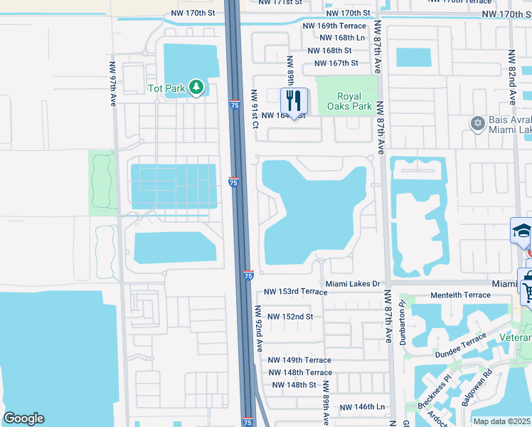 map of restaurants, bars, coffee shops, grocery stores, and more near 15812 Northwest 91st Avenue in Miami Lakes