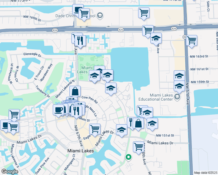 map of restaurants, bars, coffee shops, grocery stores, and more near 15529 Miami Lakeway North in Miami Lakes
