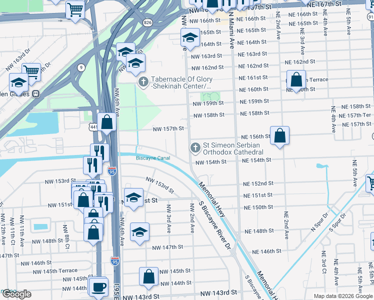 map of restaurants, bars, coffee shops, grocery stores, and more near 15525 Northwest 2nd Avenue in Miami