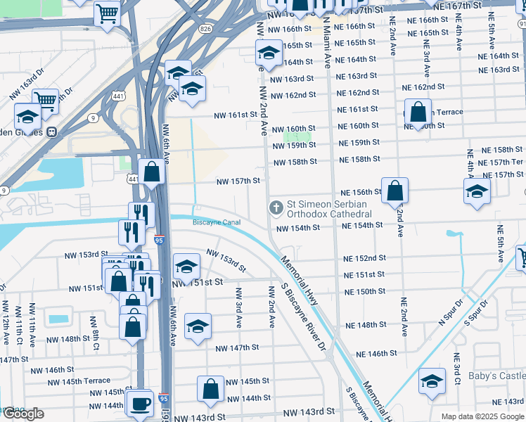 map of restaurants, bars, coffee shops, grocery stores, and more near 15525 Northwest 2nd Avenue in Miami