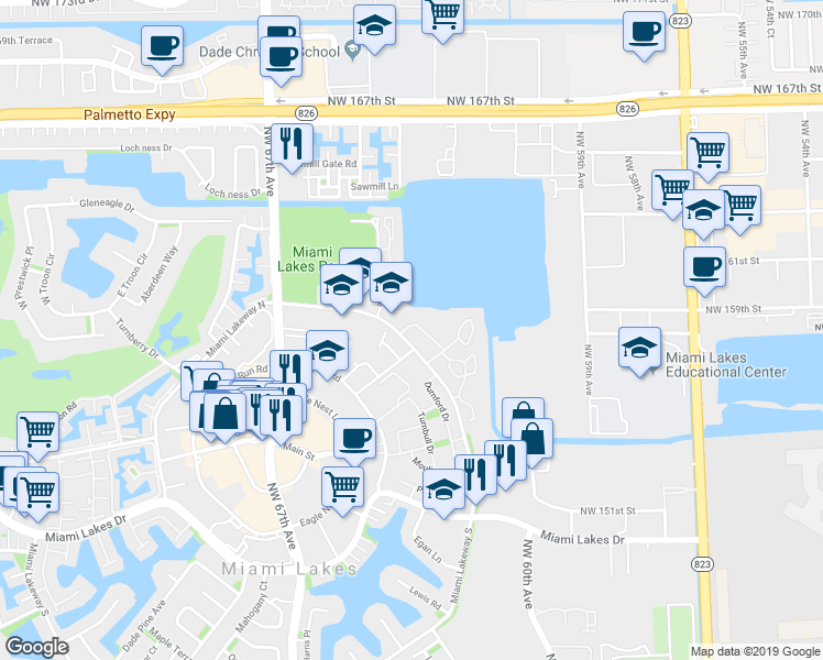 map of restaurants, bars, coffee shops, grocery stores, and more near 15529 Miami Lakeway North in Miami Lakes