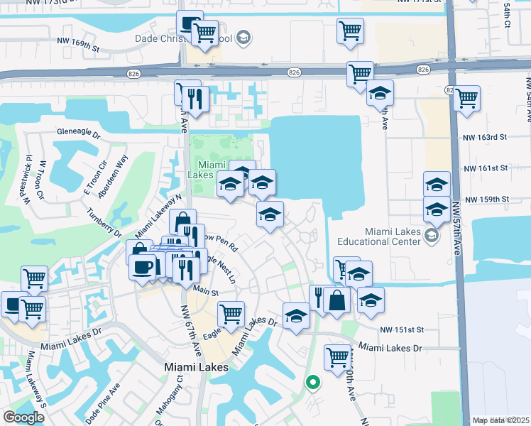 map of restaurants, bars, coffee shops, grocery stores, and more near 15529 Miami Lakeway North in Miami Lakes