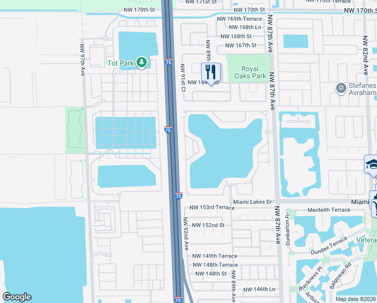 map of restaurants, bars, coffee shops, grocery stores, and more near 15812 Northwest 91st Avenue in Miami Lakes