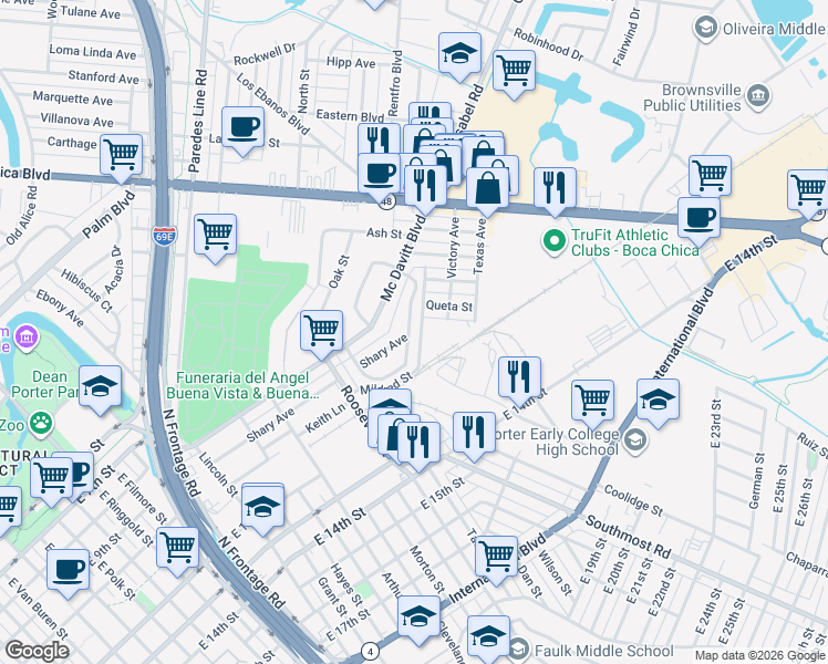 map of restaurants, bars, coffee shops, grocery stores, and more near 564 Villa Verde Drive in Brownsville