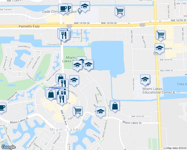 map of restaurants, bars, coffee shops, grocery stores, and more near 15529 Miami Lakeway North in Miami Lakes