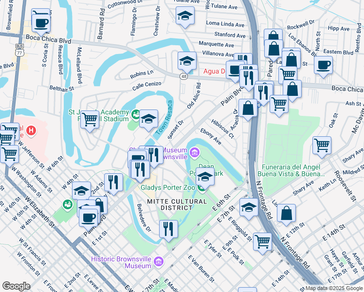 map of restaurants, bars, coffee shops, grocery stores, and more near 1824 Palm Boulevard in Brownsville
