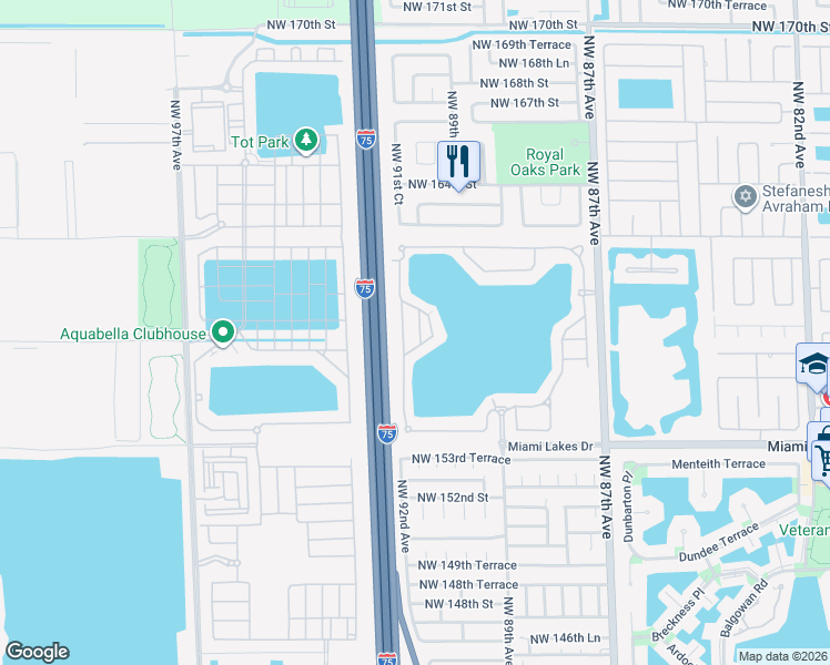 map of restaurants, bars, coffee shops, grocery stores, and more near 15812 Northwest 91st Avenue in Miami Lakes