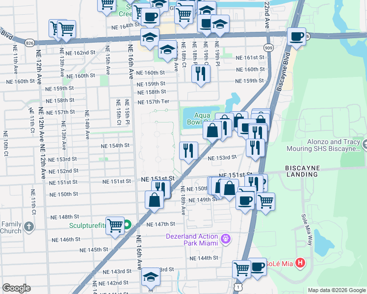 map of restaurants, bars, coffee shops, grocery stores, and more near 1833 Northeast 153rd Street in North Miami Beach