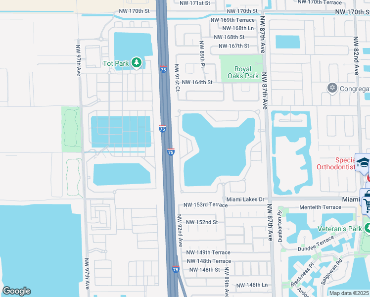 map of restaurants, bars, coffee shops, grocery stores, and more near 15812 Northwest 91st Avenue in Miami Lakes