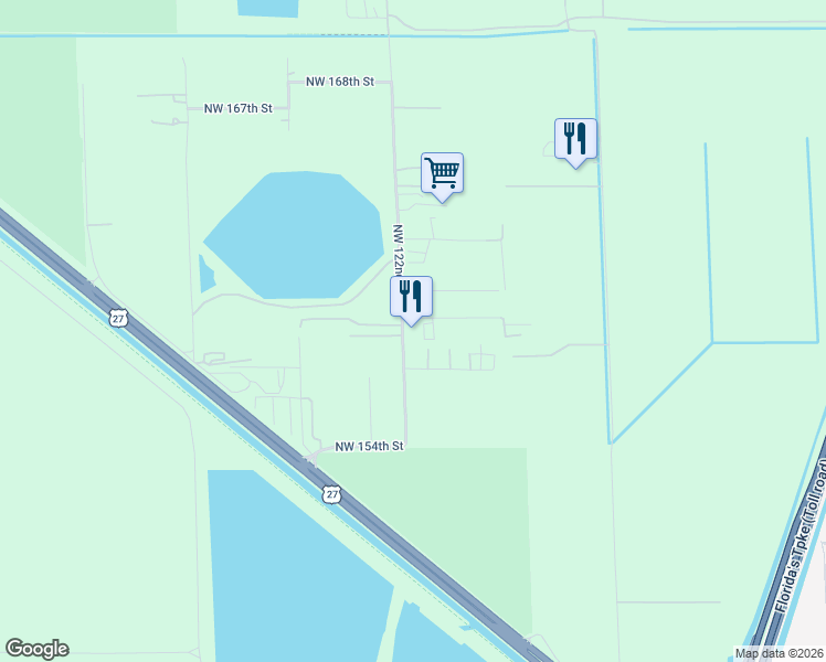 map of restaurants, bars, coffee shops, grocery stores, and more near 15852 Northwest 122nd Avenue in Hialeah