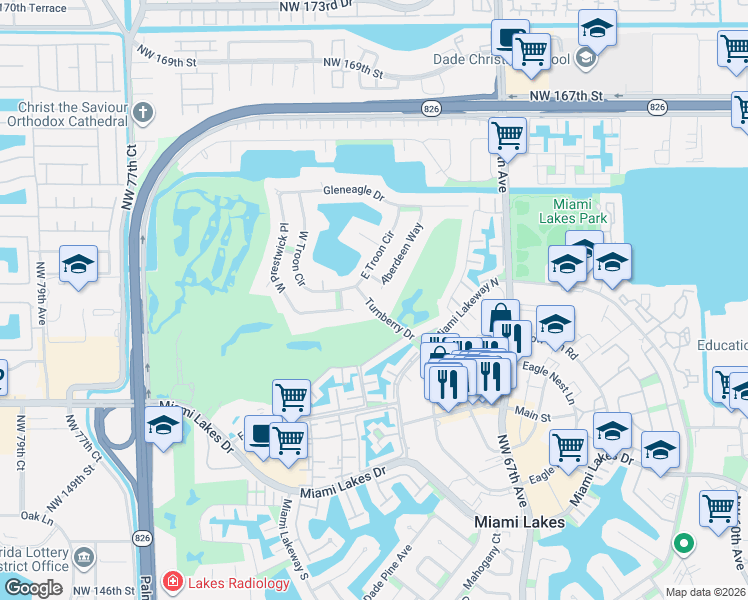 map of restaurants, bars, coffee shops, grocery stores, and more near 15741 Turnberry Drive in Hialeah
